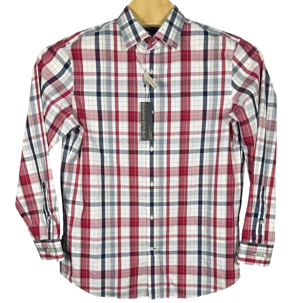 Banana Republic Men L Camden Fit Non-Iron Plaid Button Down Shirt Red Navy White
